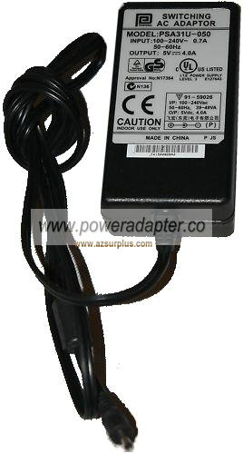 Phihong PSA31U-050 AC ADAPTER 5Vdc 4A 1.3x3.5mm -( ) Used 100-24 - Click Image to Close
